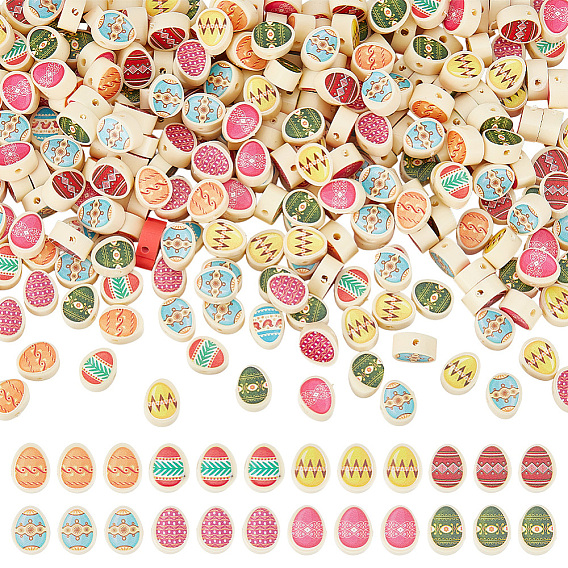 300Pcs Printed Handmade Polymer Clay Beads, Easter Eggs