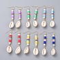 Dangle Earrings, with Polymer Clay Heishi Beads, Natural Spiral Shell Round Beads, Cowrie Shell Beads and Real 18K Gold Plated Brass Earring Hooks