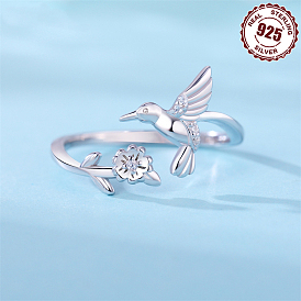 Кольца-манжеты из стерлингового серебра с родиевым покрытием, микропаве, прозрачные кубические цирконии, птица с цветком, для женщин