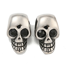 316 Surgical Stainless Steel with Rhinestone European Beads, Large Hole Beads, Skull