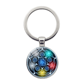 Glass Keychains, with Alloy Findings, Flat Round