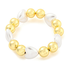 Rack Plating Round Brass Beaded Stretch Bracelets, Heart ABS Imitation Pearl Bracelets for Women, Cadmium Free & Lead Free, Long-Lasting Plated