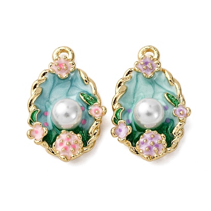 Подвески из эмалевого сплава легкого золота, с ABS имитации жемчуга, овал с цветочными подвесками, стойки покрытие