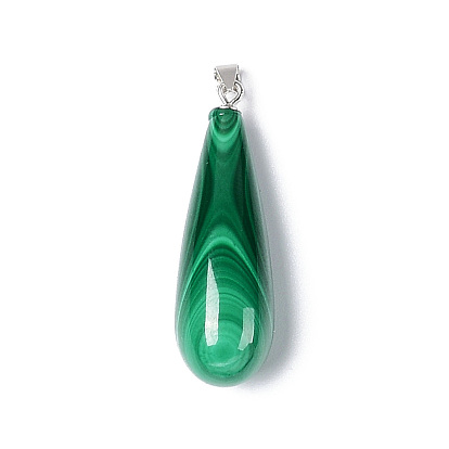 Natural Malachite Pendants, Teardrop Charms, with Silver Plated 925 Sterling Snap on Bails