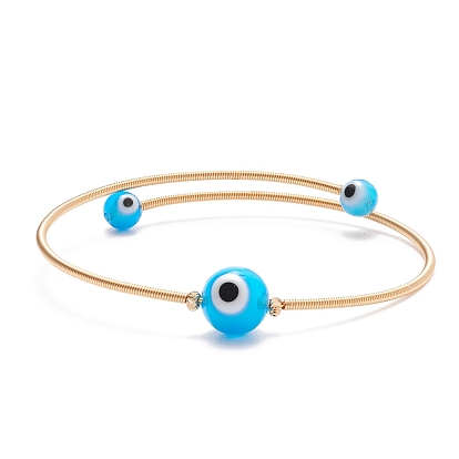 Lampwork Round with Evil Eye Beaded Cuff Bangle, Gold Plated Copper Torque Bangle for Women