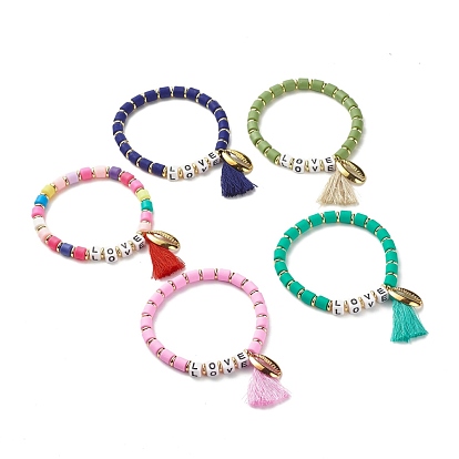 Word Love Beads Stretch Bracelet for Girl Women, Cowrie Shell Shape & Tassel Charm Bracelet, Golden