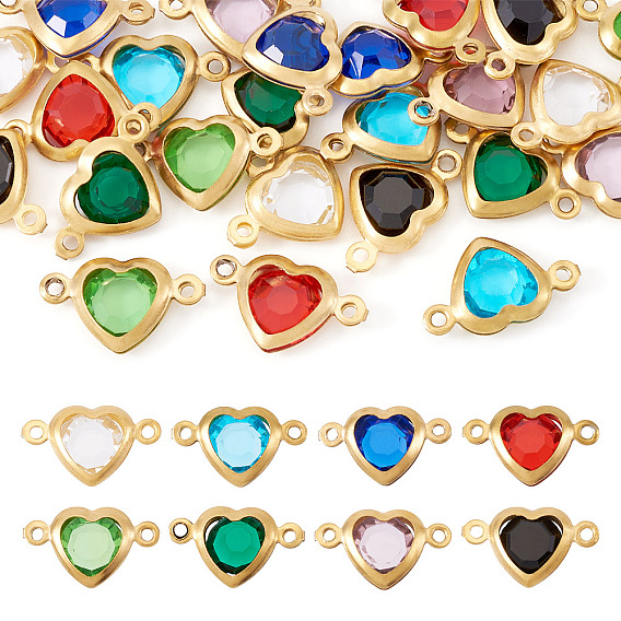 24 шт. 8 цвета подвески-соединители из нержавеющей стали, сердце, С граненым стеклом