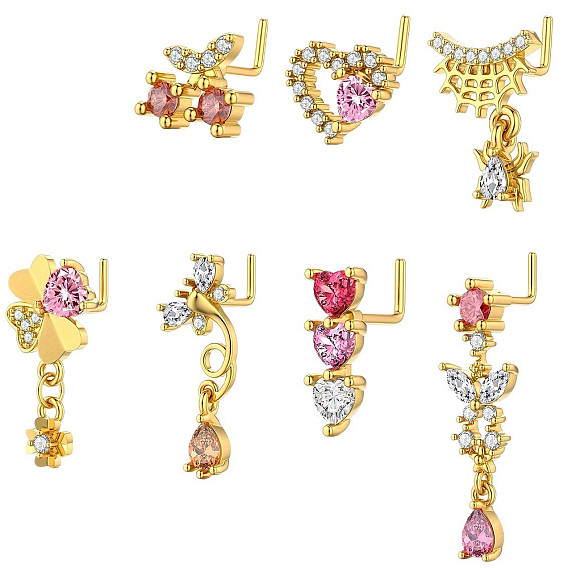 Г-образные кольца для носа с латунным паве из кубического циркония, золотые