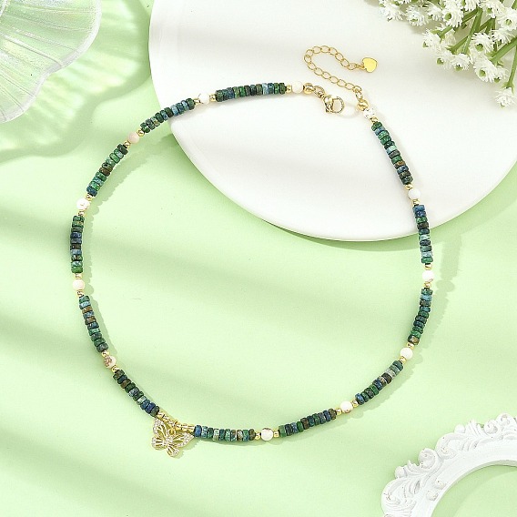 Collares con colgantes de crisocola natural y magnesita natural, mariposa, con dijes de circonita cúbica transparente con micro pavé de latón