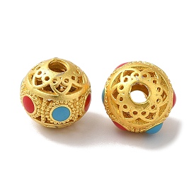 Long-Lasting Plated Brass Beads, with Enamel, Round with Flower