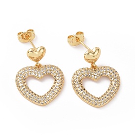 Clear Cubic Zirconia Hollow Out Heart Dangle Stud Earring, Brass Jewelry for Women