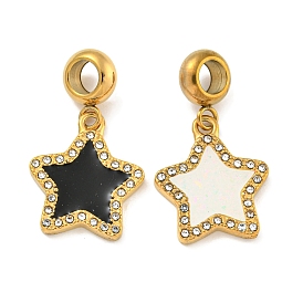 Ion Plating(IP) 304 Stainless Steel Pave Crystal Rhinestone European Dangle Charms, Star Large Hole Pendants with Enamel, Golden