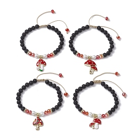 6mm Round Natural Lava Rock & Glass Braided Bead Bracelets, Mushroom Alloy Enamel Charm Bracelets for Women