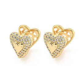 Heart Brass Pave Clear Cubic Zirconia Hoop Earrings