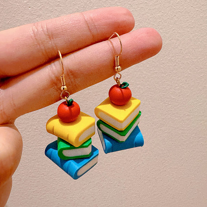 Handmade Polymer Clay & 304 Stainless Steel Dangle Earrings, Book, Golden