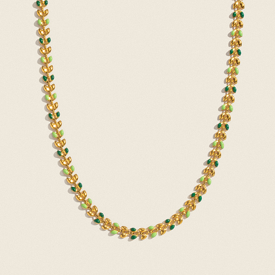 304 Женские цепочки из нержавеющей стали с эмалированными зелеными звеньями в виде листьев