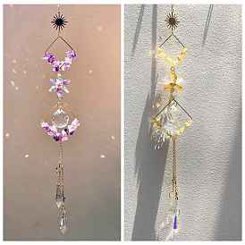 Glass Teardrop Pendant Decoration, Hanging Suncatchers, with Natural Gemstone Chip, Rhombus