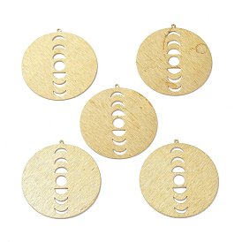 Brass Pendants, DIY Accessories, for Bracelets, Earrings, Necklaces, Flat Round with Moon, Hollow