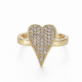 Adjustable Brass Micro Pave Clear Cubic Zirconia Finger Rings, Nickel Free, Heart