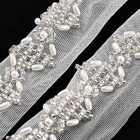 Polyester Flower Lace Trims, with ABS Imitation Pearl Beads and Glass