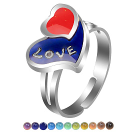 Enamel Heart with Word Love Mood Ring, Temperature Change Color Emotion Feeling Alloy Adjustable Ring for Women