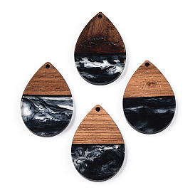 Transparent Resin & Walnut Wood Pendants, Teardrop Charms