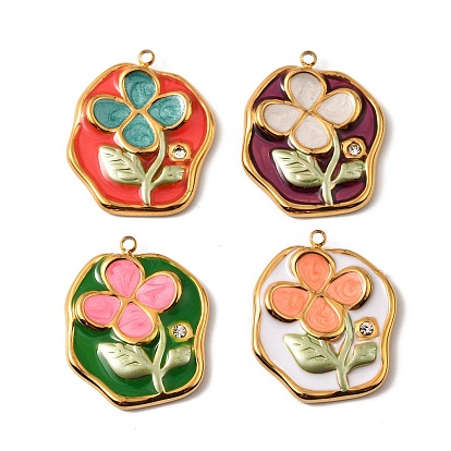 304 нержавеющей стальной эмали подвески, со стразами, плоская круглая с подвеской в виде цветка, золотые