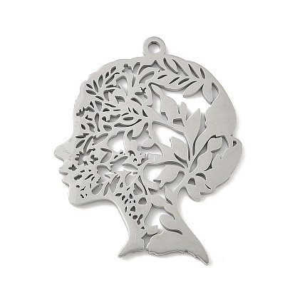 304 подвески из нержавеющей стали, голова женщины с амулетом в виде листа, лазерная резка, ионное покрытие (ip)
