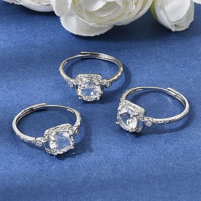 Brass Micro Pave Cubic Zirconia Finger Rings, Square, with Natural Quartz Crystal, Platinum
