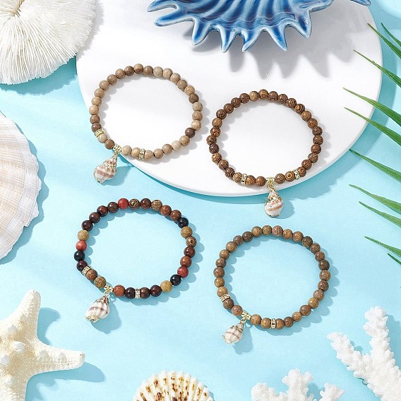 4шт. деревянные круглые бусины браслеты с подвесками для женщин, с гальваническим покрытием спиральная ракушка-шарм