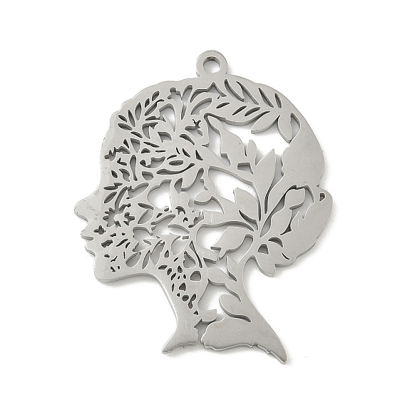 304 подвески из нержавеющей стали, голова женщины с амулетом в виде листа, лазерная резка, ионное покрытие (ip)