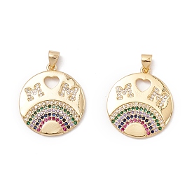 Mother's Day Theme Brass Micro Pave Colorful Cubic Zirconia Pendants, Flat Round