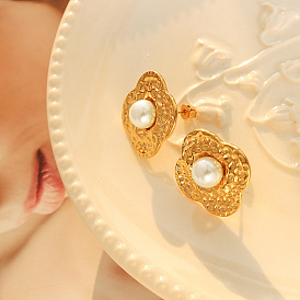 Irregular Geometric Pearl Flower Earrings for Women, Titanium Steel with 18K Gold Plating (F600)