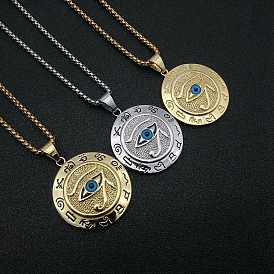 Titanium Steel Pendant Necklaces for Men, with Glass, Flat Round with Eye of Horus