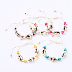Nylon Thread Cord Braided Bead Bracelets, with Handmade Polymer Clay Heishi Beads, Electroplated Sea Shell Beads and Brass Beads, Real 18K Gold Plated