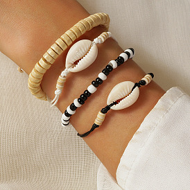 Natural Coconut Shell Wood Black White Beaded Shell Bracelet Set (4 Pieces)