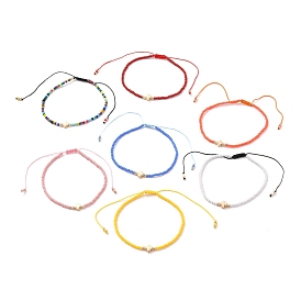 Adjustable Nylon Cord Braided Bead Bracelets, with Glass Seed Beads and Golden Plated Brass Beads, Clover