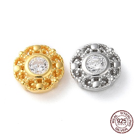 Flat Round Rhodium Plated 925 Sterling Silver Hollow Out Beads, with Cubic Zirconia, Long-Lasting Plated, with S925 Stamp