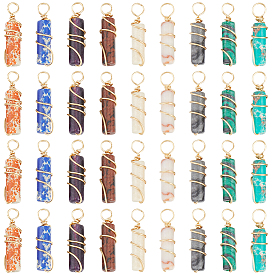 36 шт 9 стили подвески из натуральных и синтетических драгоценных камней, с медной проволокой золотого тона, обернутой, колонка прелести, смешанные окрашенные и неокрашенные