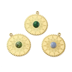 Natural Gemstone Pendants, Flat Round Charms with Flower, with Vacuum Plating Real 18K Gold Plated 201 Stainless Steel Findings