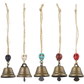 Iron Bell Pendant Decorations, Skull Synthetic Turquoise Beads and Jute Cord Hanging Ornaments