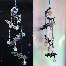 Halloween Bat & Moon Alloy Hanging Ornaments, Star/Heart Glass Tassel Suncatchers for Home Decorations