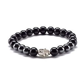 Natural Obsidian & Non-Magnetic Synthetic Hematite Round Beads Energy Stretch Bracelet for Men Women, Hamsa Hand /Hand of Miriam Alloy Bracelet