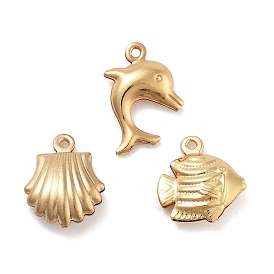 Ocean Theme 316 Surgical Stainless Steel Charms, Real 18K Gold Plated, Dolphin/Fish/Shell Shape Charm