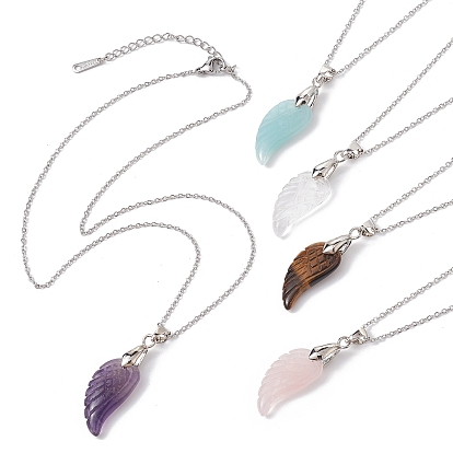 Natural Mixed Gemstone Wing Pendant Necklaces, with 304 Stainless Steel Cable Chains