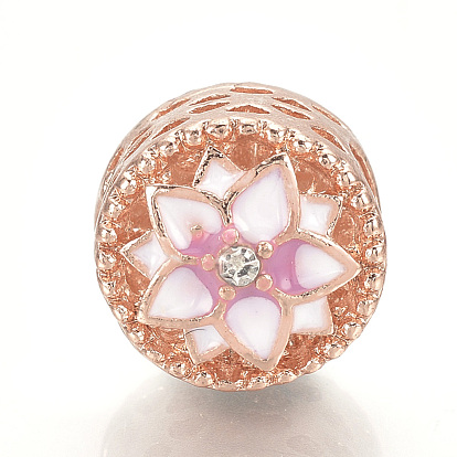 Alloy Rhinestone European Beads, with Enamel, Large Hole Beads, Column with Flower