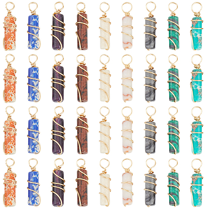 36 шт 9 стили подвески из натуральных и синтетических драгоценных камней, с медной проволокой золотого тона, обернутой, колонка прелести, смешанные окрашенные и неокрашенные