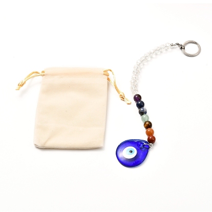 Natural Mixed stone with Evil Eye Lampwork Pendant, with 304 Stainless Steel Rings and Velvet Packing Bag, Teardrop