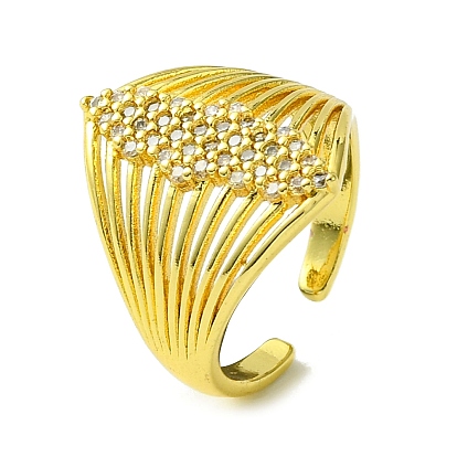 Brass Micro Pave Cubic Zirconia Open Cuff Rings, Cadmium Free & Lead Free, Multi Lines Wide Band Rings