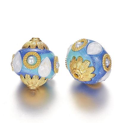 Oval Handmade Indonesia Beads, with Alloy Cores, Golden
